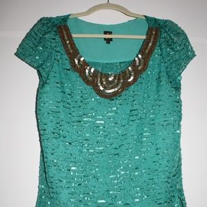 Turquoise Pleated Blouse with Gold Sequin Detail